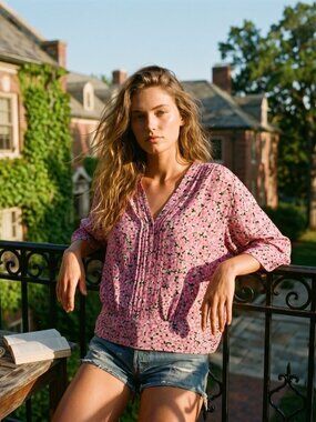 For The Republic Womens M Pink Rayon Floral Blouse Peasant Top Elevated Boho